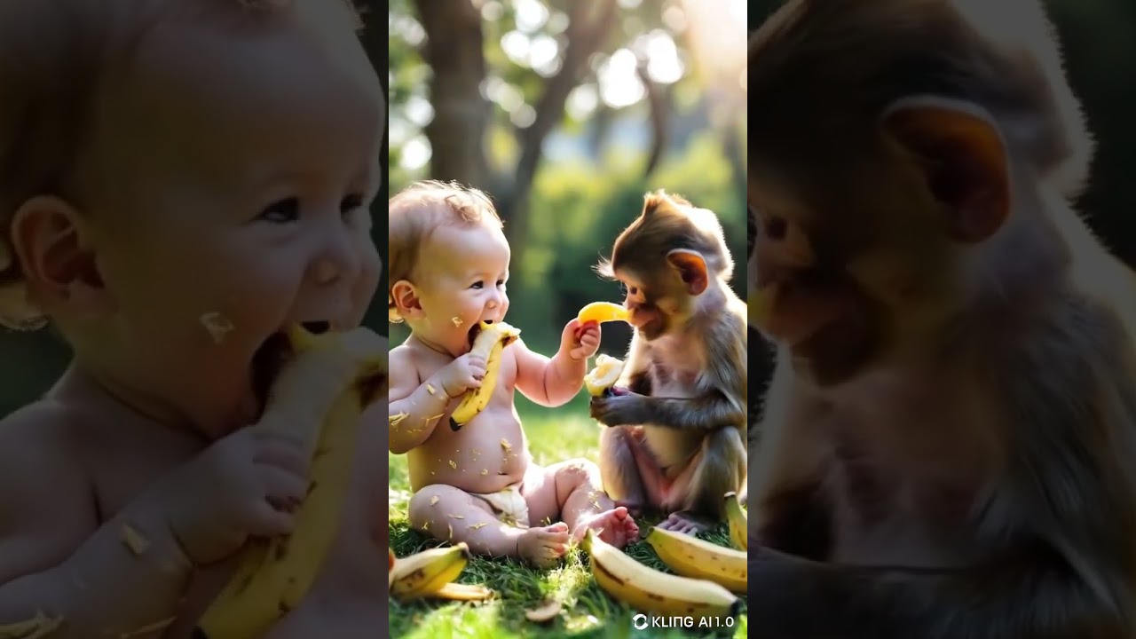 CUTE BABIES AND MONKEY EATING BANANA TOGETHER #babycute
