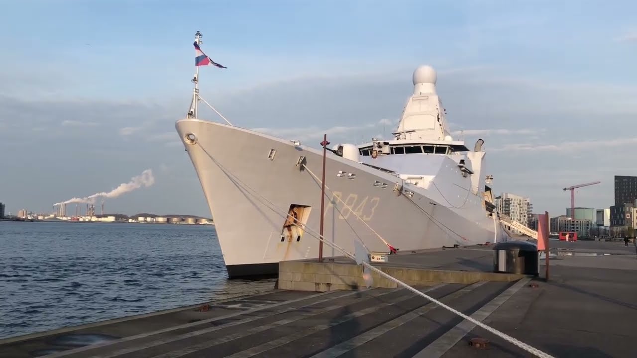A Dutch frigate docked in the Aalborg harbor.
