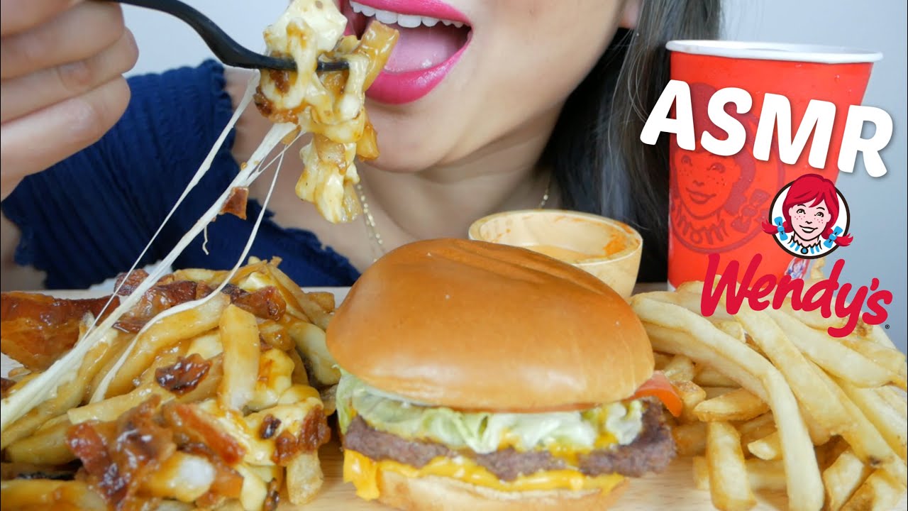 ASMR Wendy's David's singles burger, bacon poutine & Chocolate Frosty *NO TALKING | N.E Let's Eat