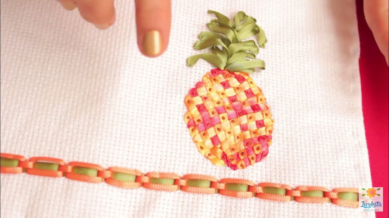 Piña o anana bordada a mano con cintas o listón diy lindo y fácil/Coleccion frutas bordadas