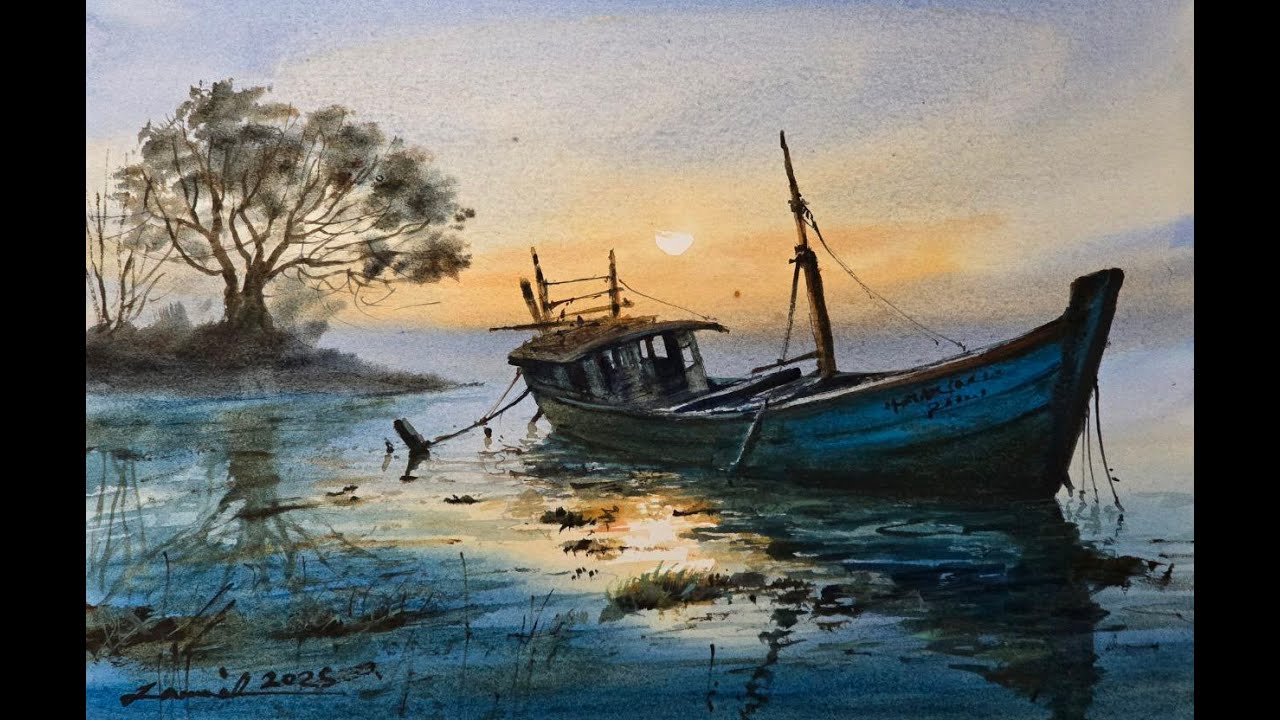 Tranquil Sunset by the Abandoned Boat