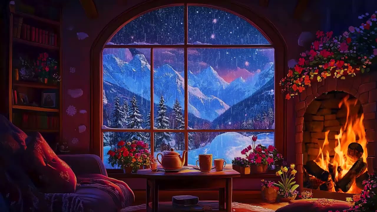 Gentle Rainy Night in a Snowy Mountain Cabin 🌧️❄️ Fireplace & Rain Sounds | Deep Sleep