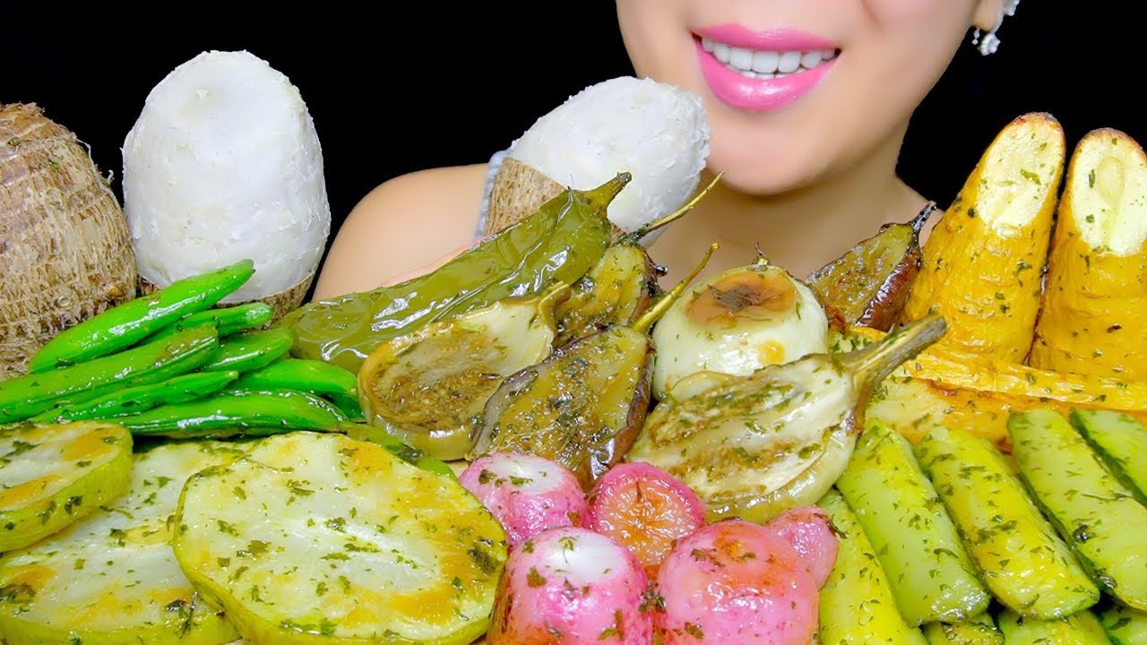 HEALTHY EATING ASMR: VEGGIE PLATTER ( EGGPLANT,  TARO ZUCCHINI, CHAYOTE, TURNIPS) | TracyN ASMR