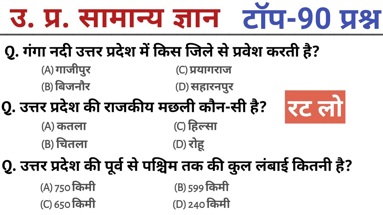 UP Police | UP GK Top - 90 | UP GK MCQ | UP Complete GK Uttar Pradesh GK