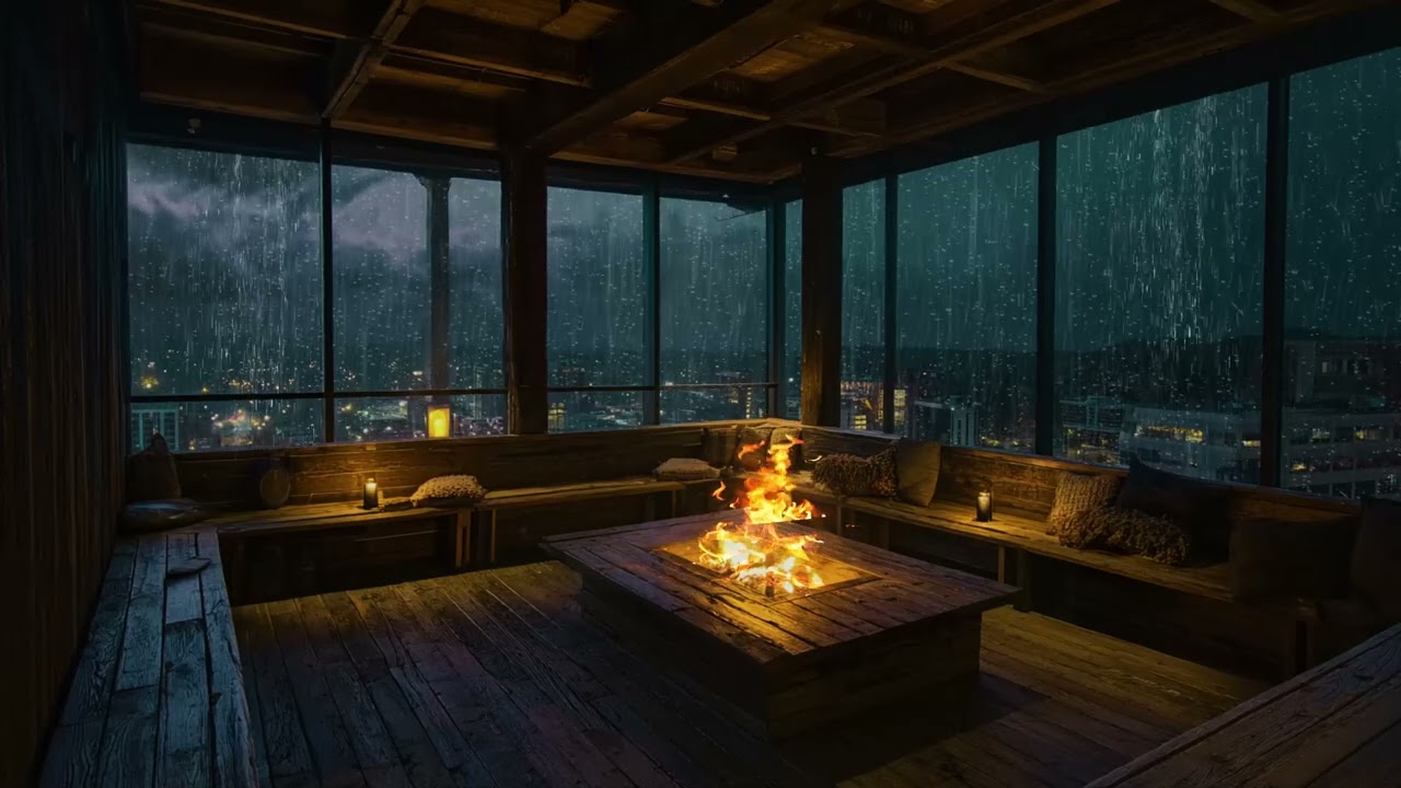 Fall Asleep Naturally 💤 Calm Forest Rain & Rolling Thunder 🔥 Cozy Glass Cabin Fire Night Ambience