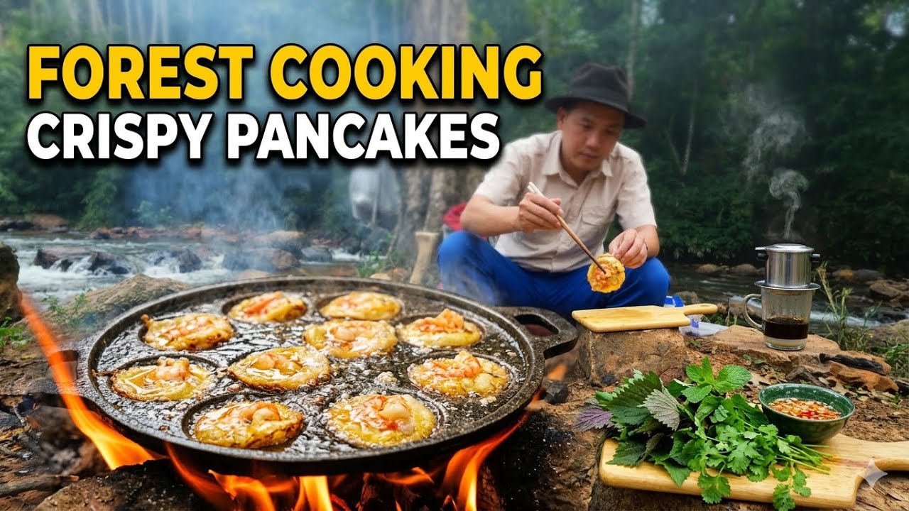 Deep Forest Cooking | Making Crispy Vietnamese Mini Pancakes & Wood-Fired Drip Coffee (ASMR)