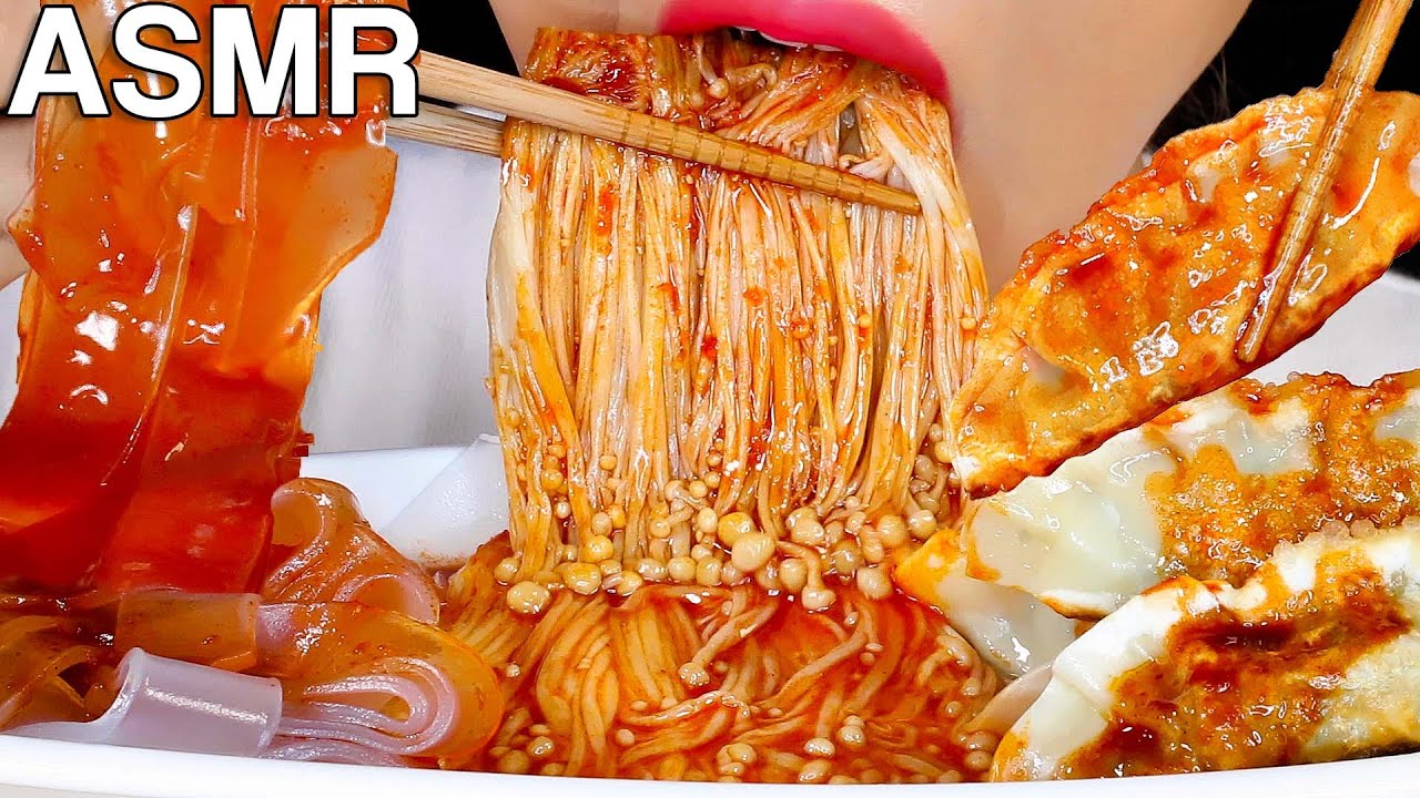ASMR Mushrooms with Fire Sauce Eating Sounds | 불닭소스 팽이버섯, 중국당면, 튀긴만두 먹방 | Cooking Recipe |MINEE EATS