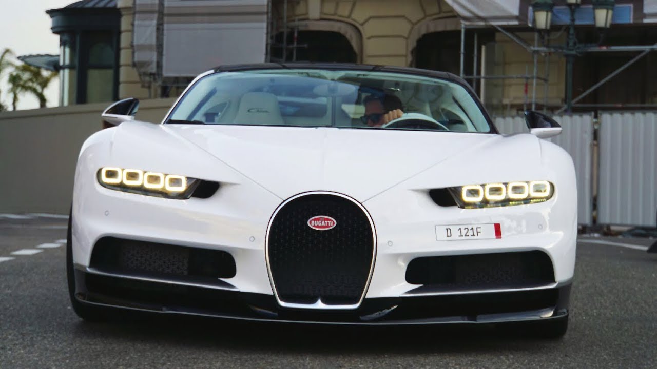 White/Black Bugatti Chiron -  Start up and Driving in Monaco