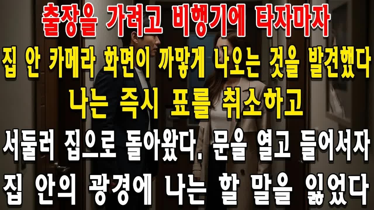 출장을 가려고 비행기에 타자마자, 집 안 카메라 화면이 까맣게 나오는 것을 발견했다  나는 즉시 표를 취소하고 서둘러 집으로 돌아왔다  문을 열고 들어서자