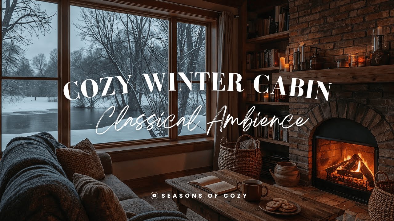 (No Ads) Cozy Winter Cabin Ambience | Fireplace Crackling, Snowfall & Classical Music
