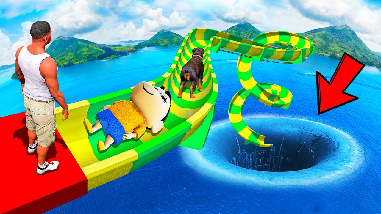 SHINCHAN AND FRANKLIN TRIED THE DEEPEST HOLE WATER SLIDE MELA CHALLENGE WITH FIRE BALLS GTA 5
