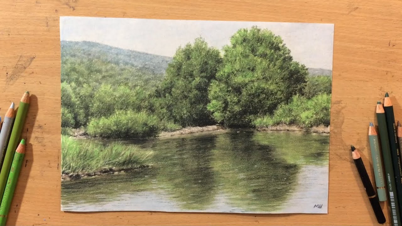 Green Riverscape - Colored Pencil Drawing