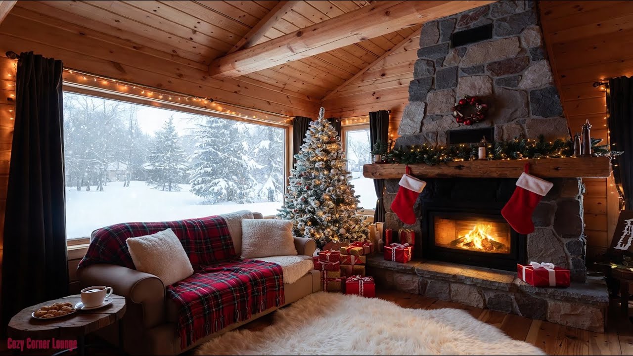 Warm Cabin Fireplace ❄️ Snow Falling Outside | Cozy Ambience | 4K