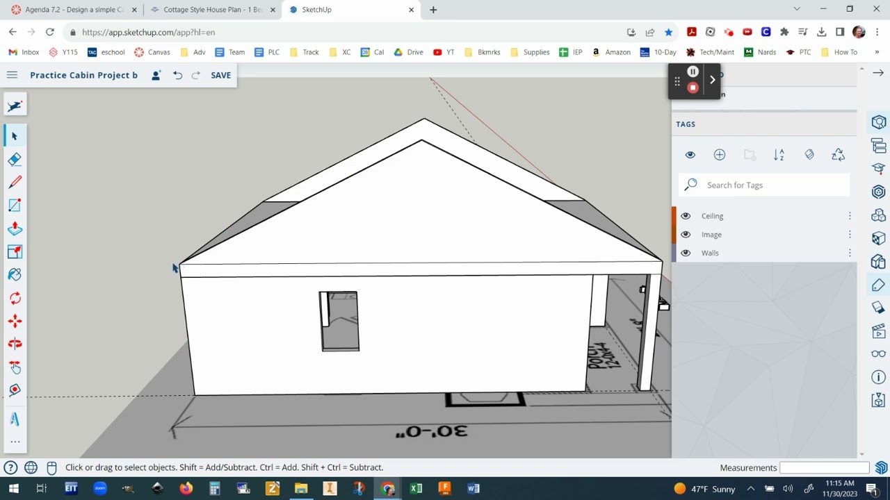 SketchUp Practice Cabin Project #4 - Make a Ceiling and Roof