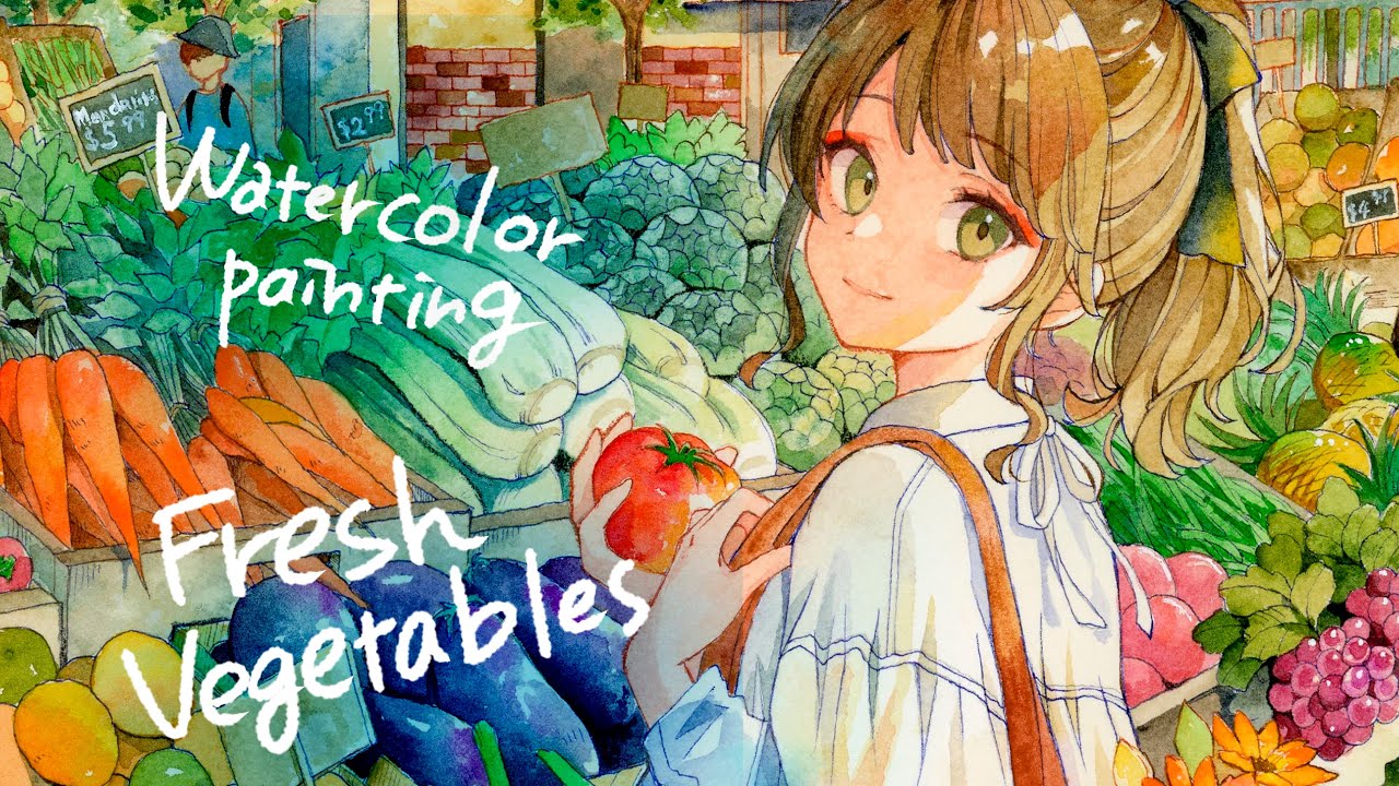 【透明水彩】　イラストメイキング　マーケットで買い物する女の子　watercolor