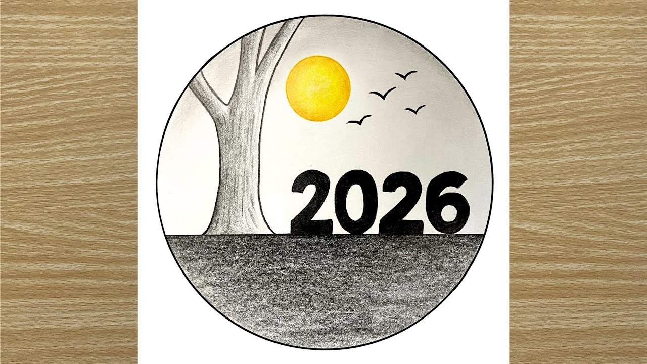 Happy new year drawing 2026 / Easy new year scenery drawing / 2026 drawing step by step