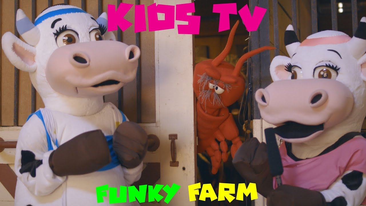 Meeba and Mina Talk Show - Funky Farm animatronic robotic cows mascot kids tv