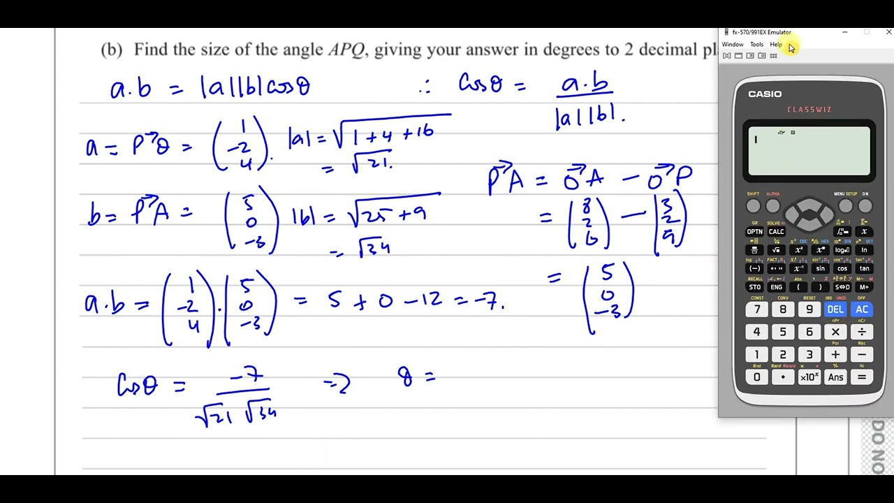 [9] P4] C34, (IAL), WMA02/01, June 2020, Q14, Vectors, Equation of Lines, Angles, Perpendicular