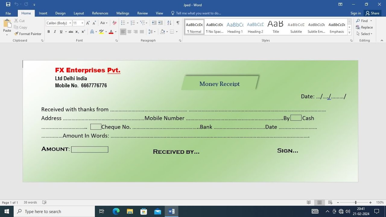 How To Create Design Money Receipt In Ms Word 2024