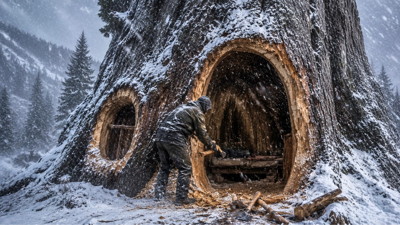 I Built a Secret Survival Shelter INSIDE a Giant Ancient Tree and Survived the Wilderness .