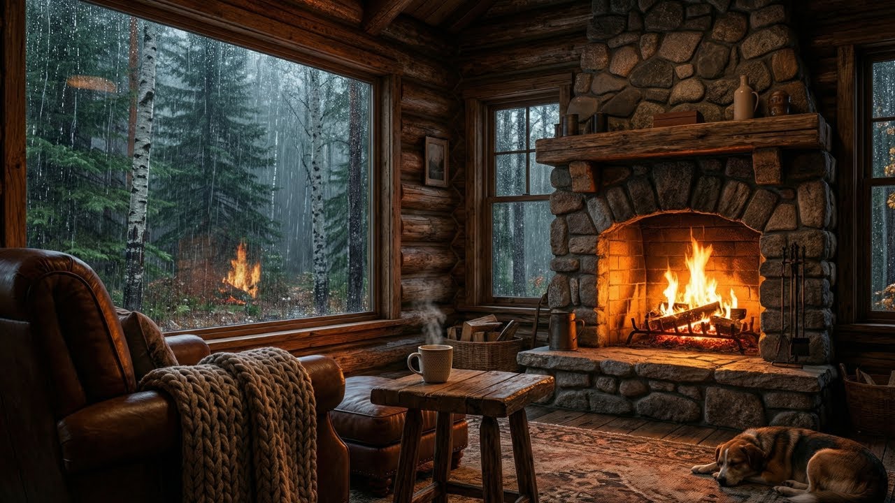 Sleeping by the Fireplace with My Dog | Heavy Rain Night at Cozy Wooden Cabin for Deep Sleep