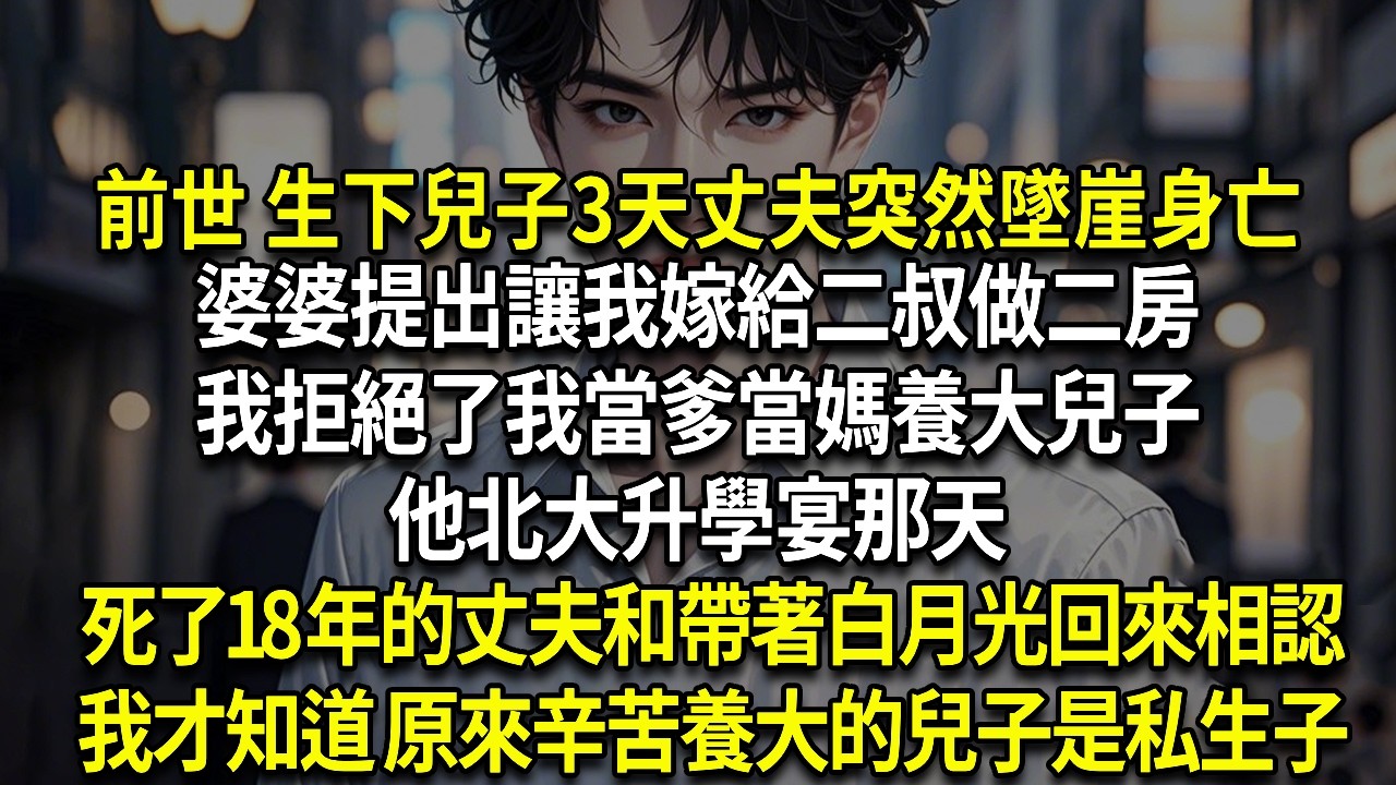 前世 生下兒子3天丈夫突然墜崖身亡，婆婆提出讓我嫁給二叔做二房 我拒絕了我當爹當媽養大兒子 他北大升學宴那天，死了18年的丈夫和帶著白月光回來相認，我才知道 原來辛苦養大的兒子是私生子