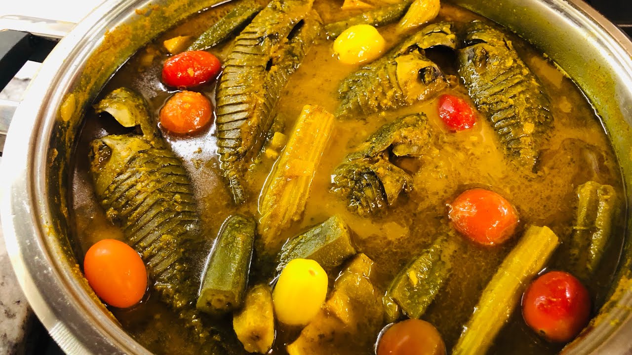 GUYANESE HASSA CURRY WITH, MANGO, SYJAN,TOMATO, OCHRO, AND COCONUT MILK