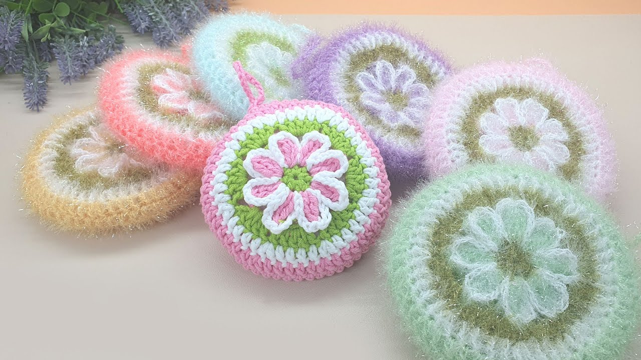 [수세미코바늘] 작은 꽃 호빵 수세미 뜨기  Crochet Dish Scrubby