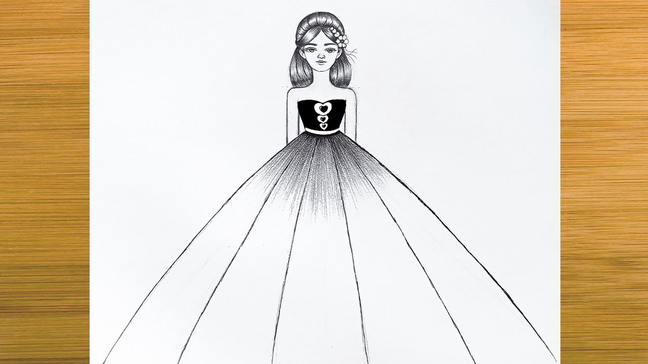 A girl with beautiful dress Pencil Sketch drawing | How to draw a girl easy