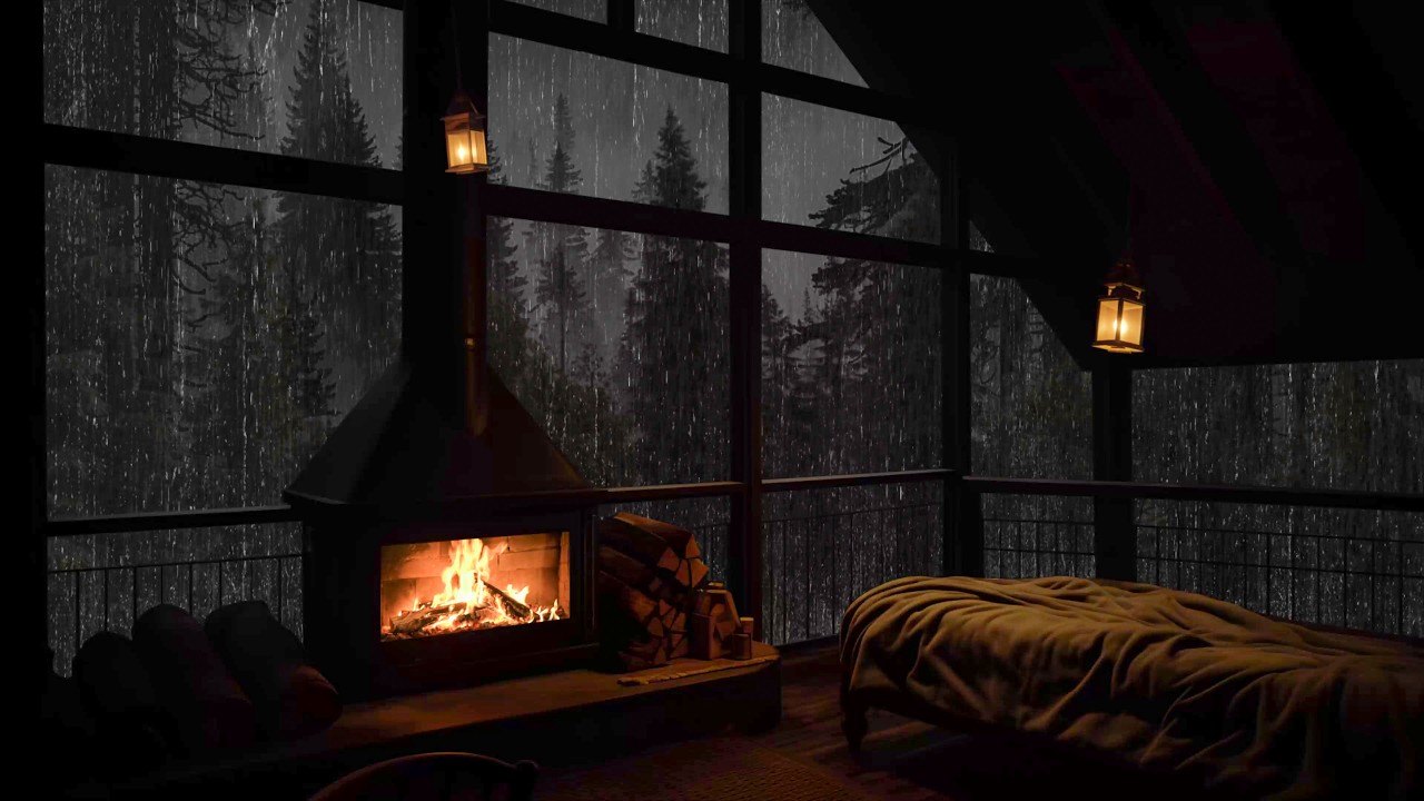 Attico accogliente con caminetto e suoni naturali della pioggia nella foresta pluviale