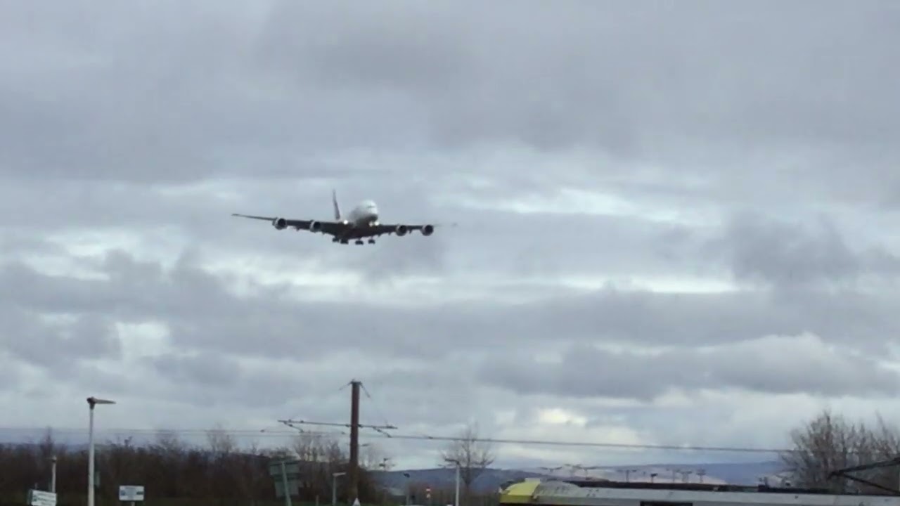Emirates A380 landing at Manchester airport (MAN)