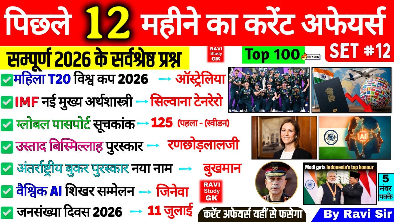 Last 12 Months Current Affairs 2026 | January 2026 to July 2026 | Imp ssc cgl ntpc railway group d