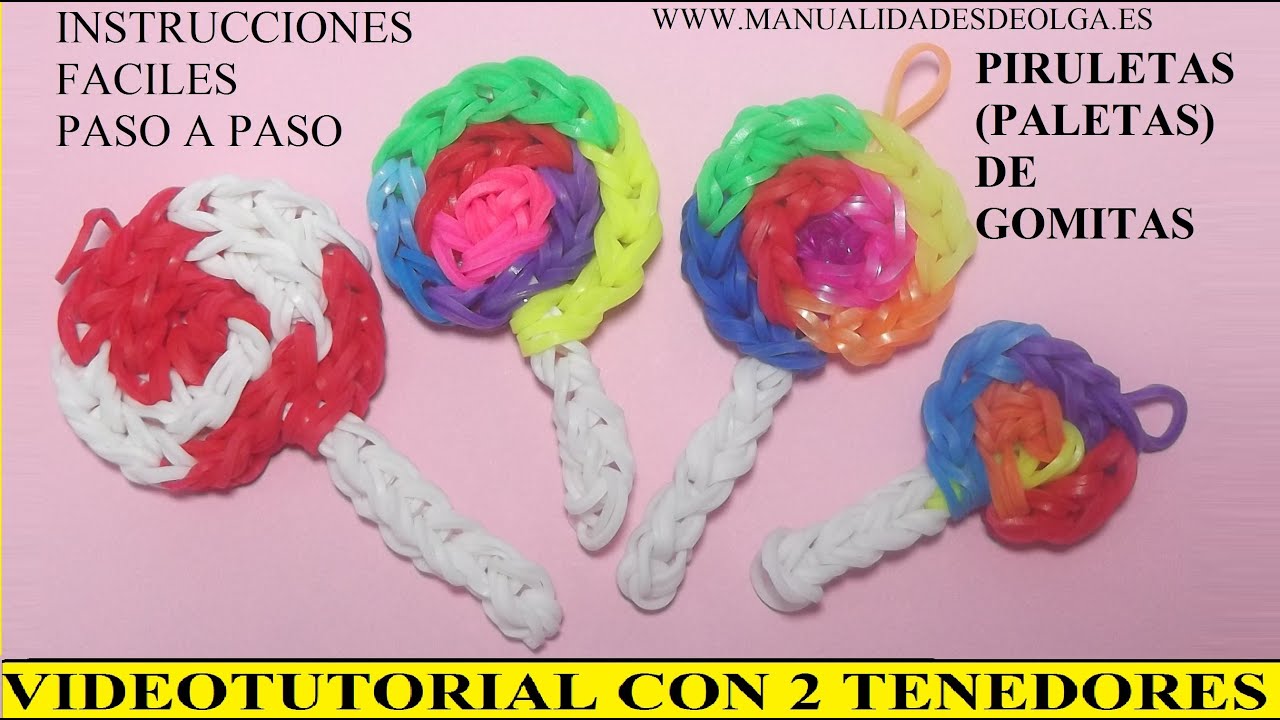 COMO HACER UNA PIRULETA DE GOMITAS (HULES, LIGAS) CHARMS CON DOS TENEDORES. VIDEOTUTORIAL DIY.