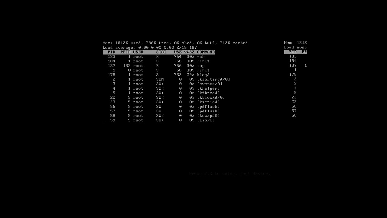 Tiny SliTaz with linux 2.6 & 4MB RAM running top