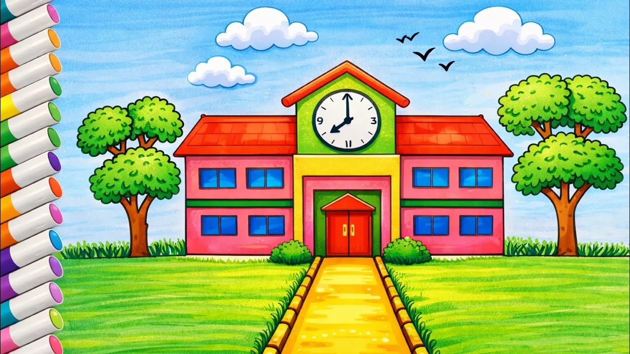 ✏️ how to draw बच्चों के लिए रंग-बिरंगा सुंदर स्कूल ड्रॉइंग | आसान स्टेप बाय स्टेप चित्र 