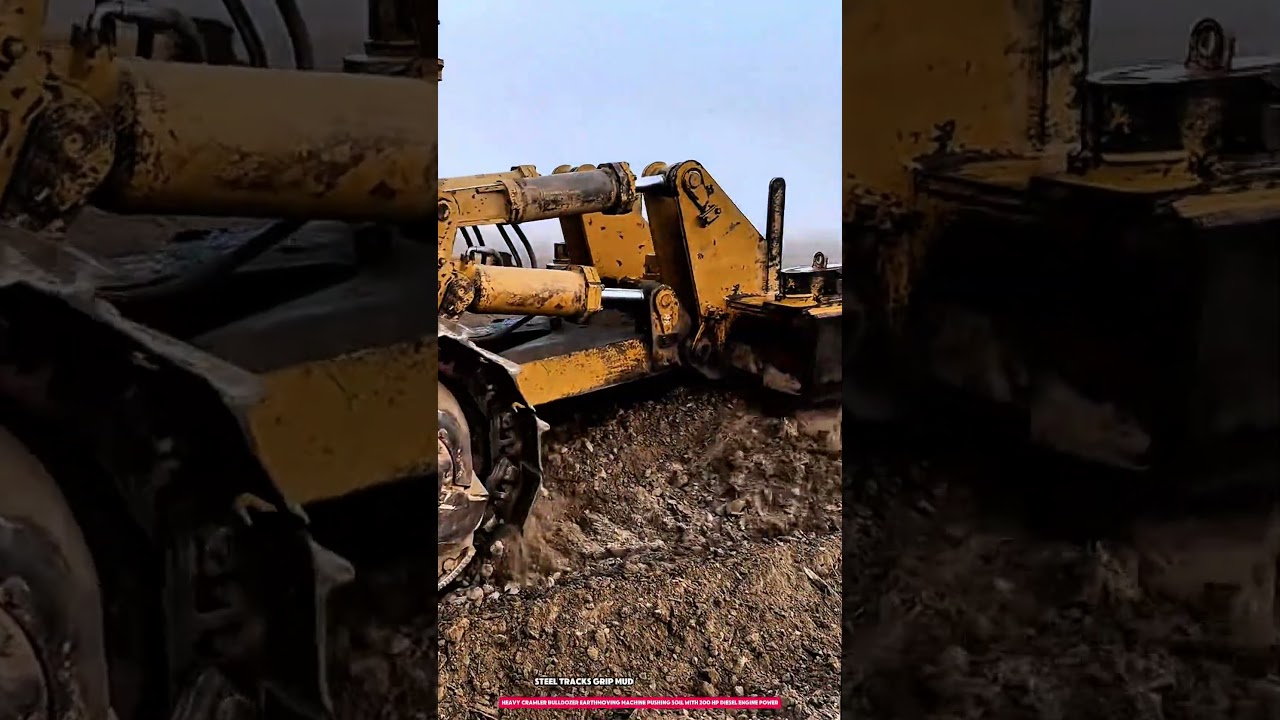 Heavy crawler bulldozer earthmoving machine pushing soil with 200 hp diesel engine power