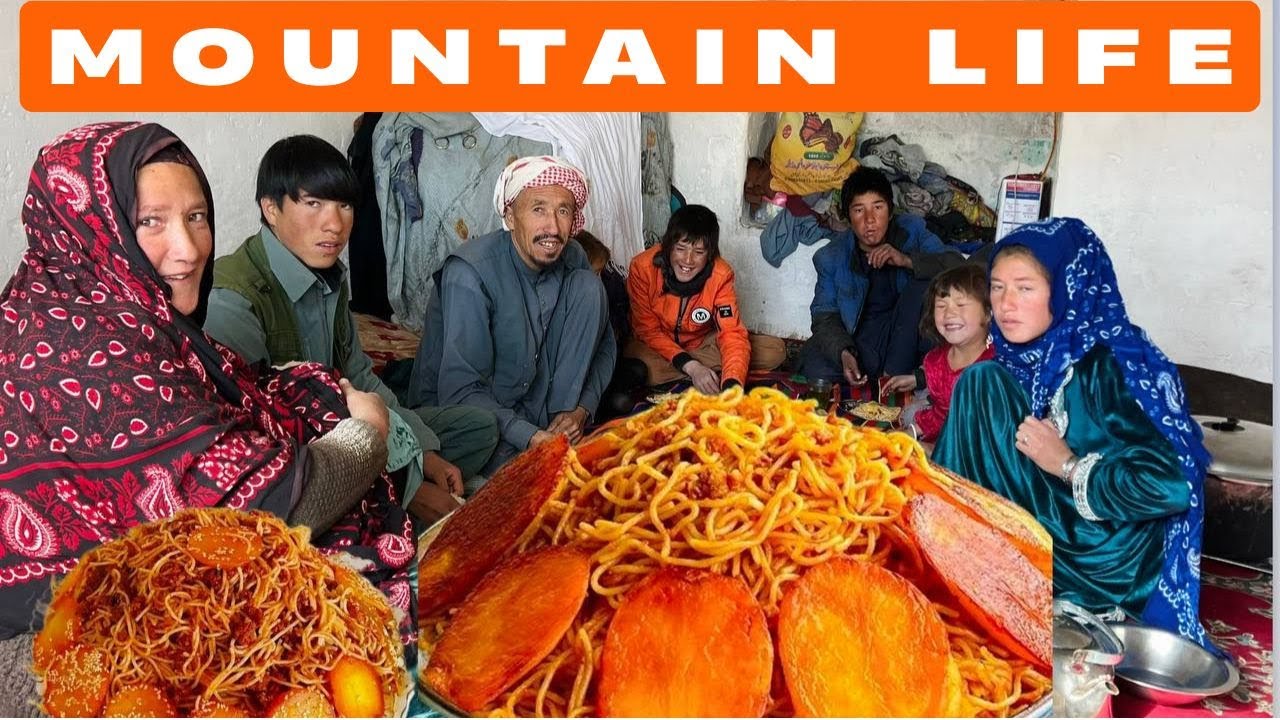 Cooking pasta, an authentic rural dish in the cave dwellers' areas of the mountains of Afghanistan