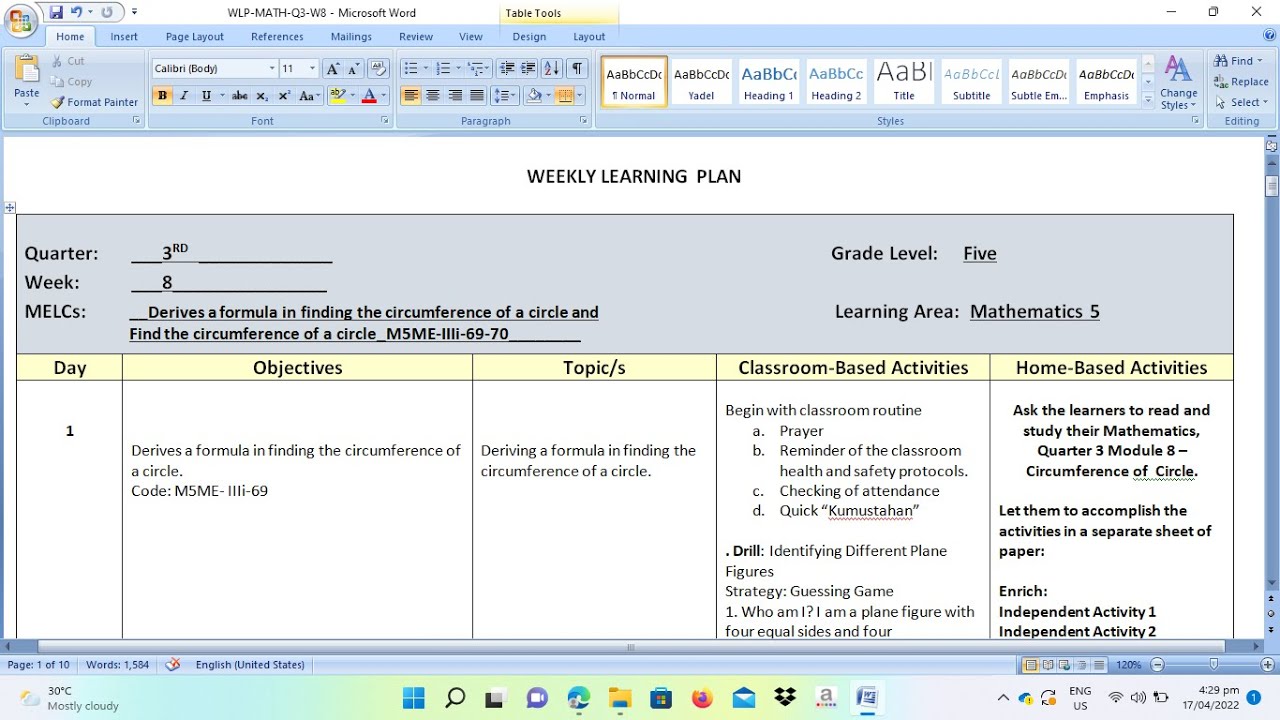 Sample of WLP in Mathematics