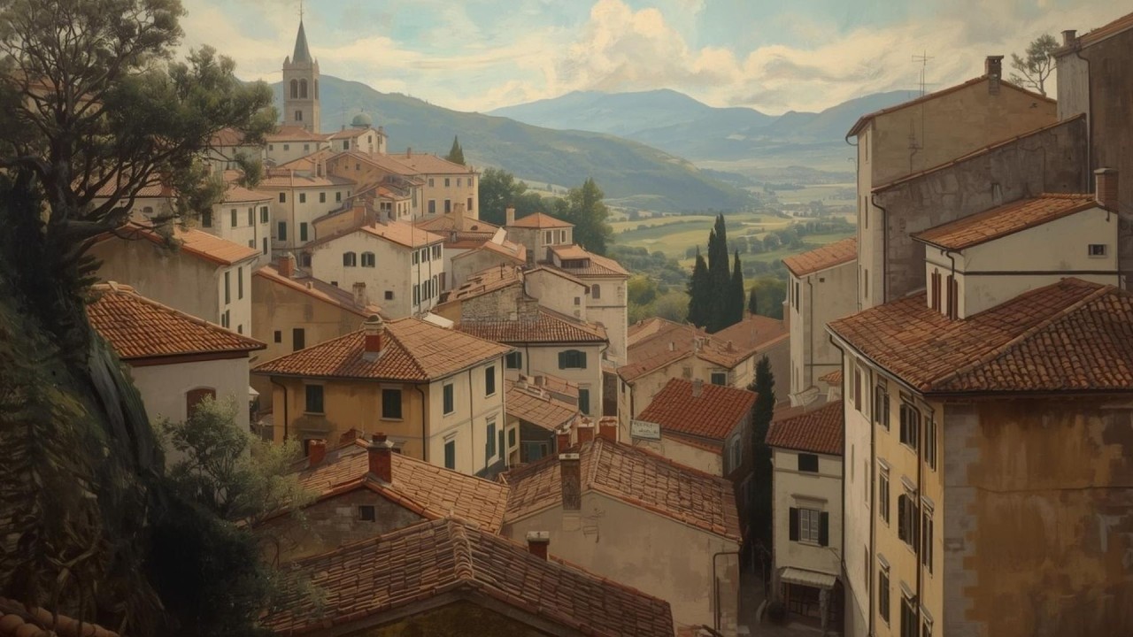 Tuscany Italy Hilltop Village Vintage Painting  | Frame TV Art Display | 2-Hour Screensaver