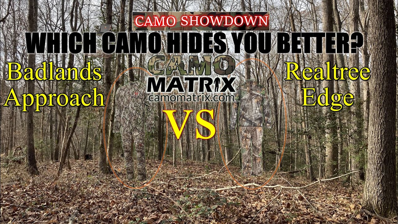 Compare Badlands Approach VS Realtree Edge with simulated deer vision on 14 Backgrounds.