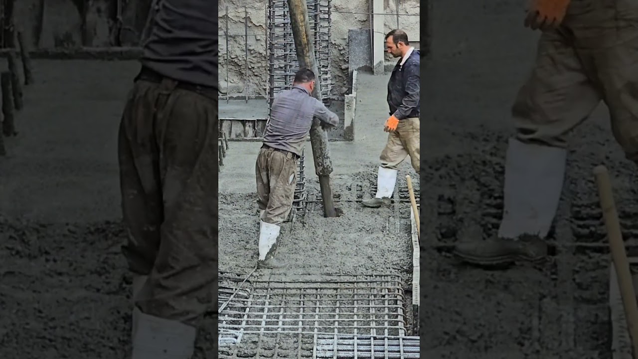 Smooth Concrete Finish : Workers in Action with Power Trowel