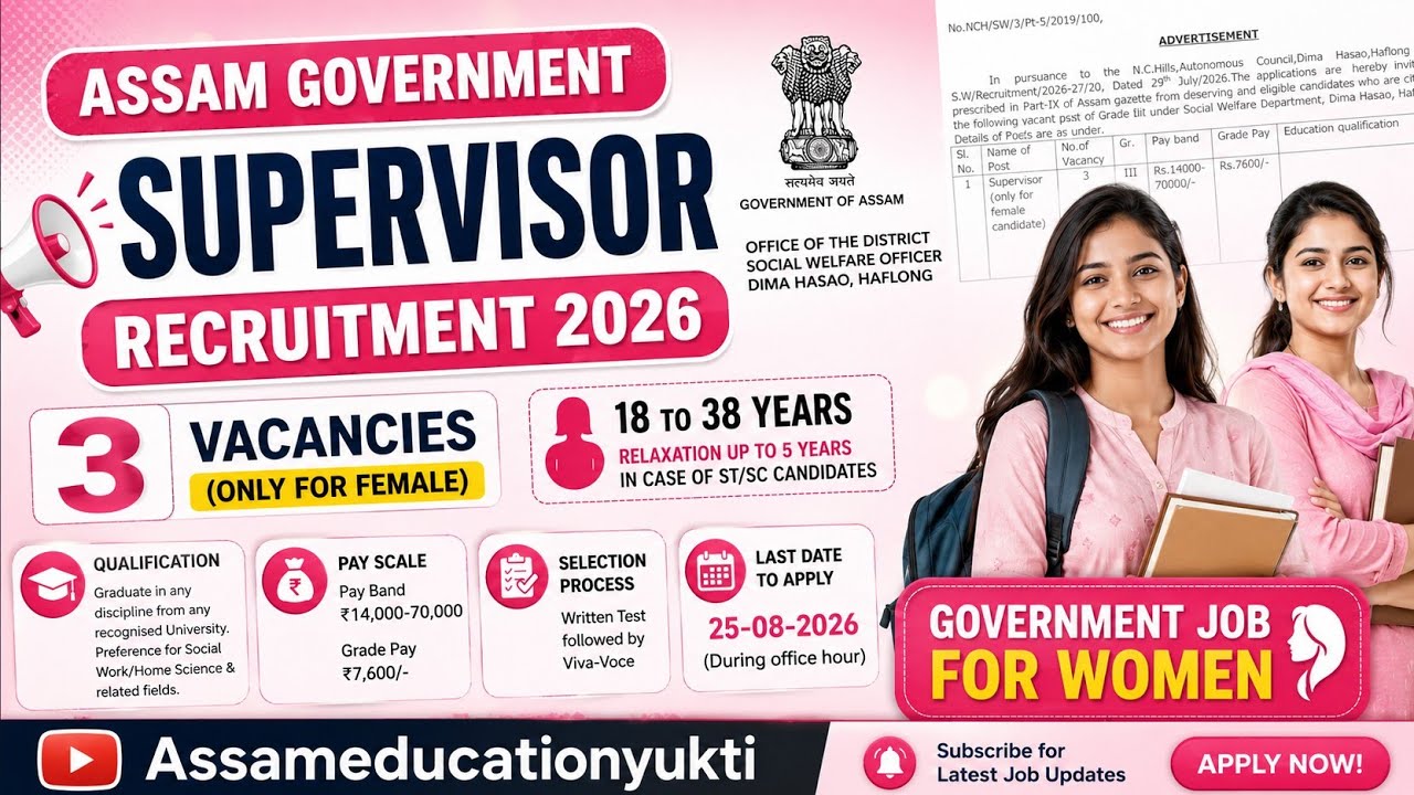 Assam Government Recruitment 2026 | 3 Female Supervisor Vacancies | Apply by 25 August