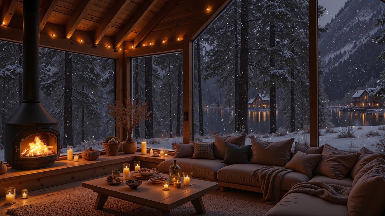 Cozy Winter Cabin Ambience - Gentle Snowfall, Soft Jazz & Crackling Fireplace For Study And Sleep
