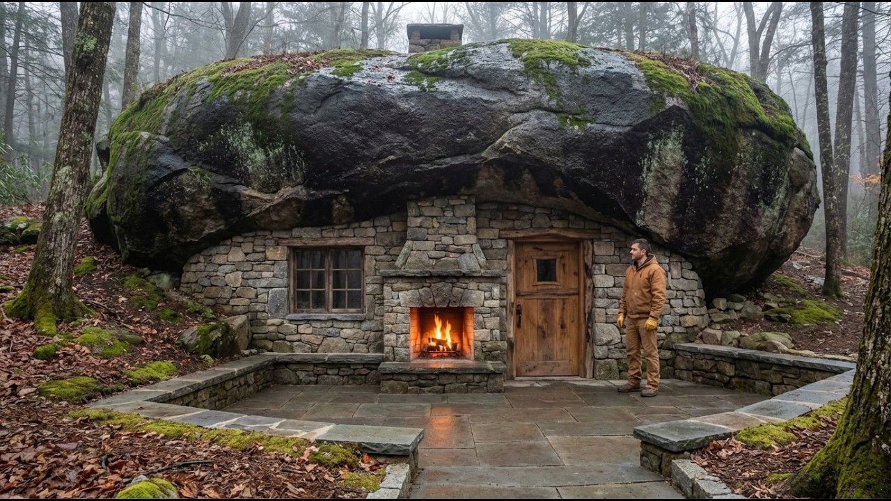 100 Days Building a Stone-Shielded Modern Shelter Beneath a Massive Monolith