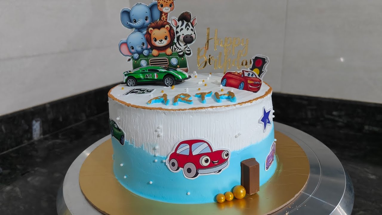 Two pound cake design, car theme cake design, car sticker cake design, boy 1st birthday cake design