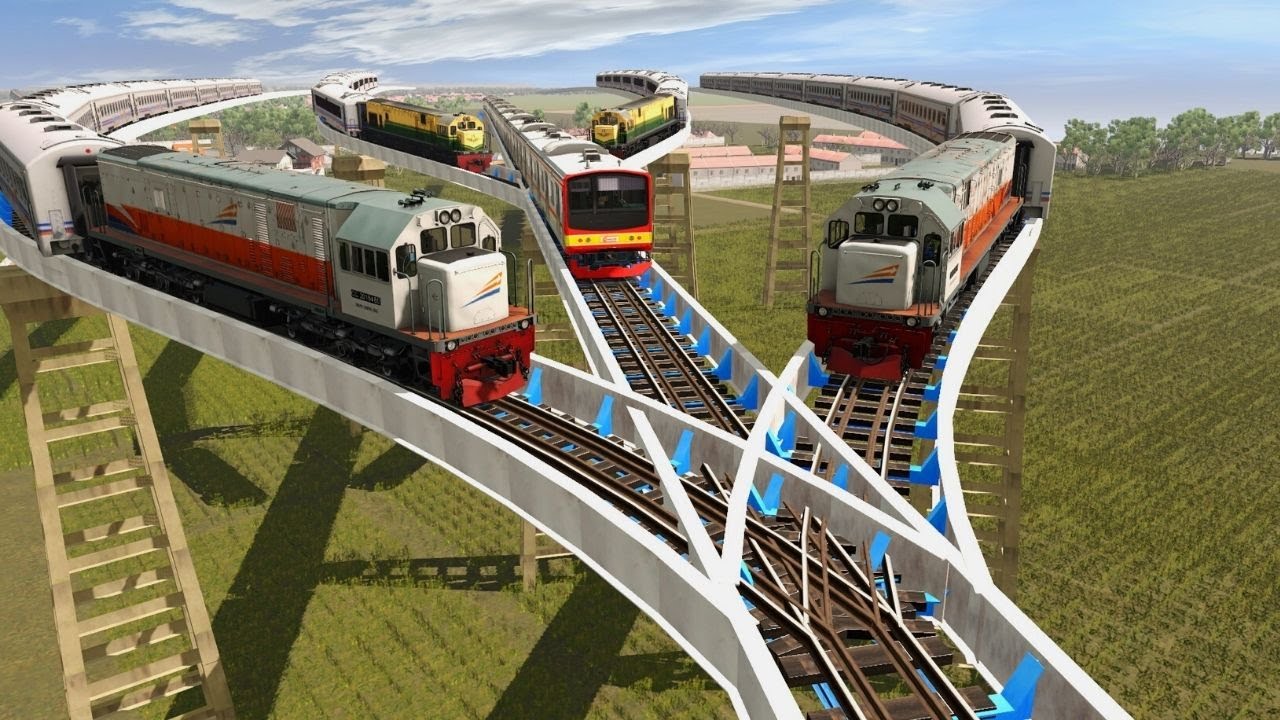 5 Trains Crossing Diamond Railway Tracks | Crazy Forked Railroad Diamond Crossing
