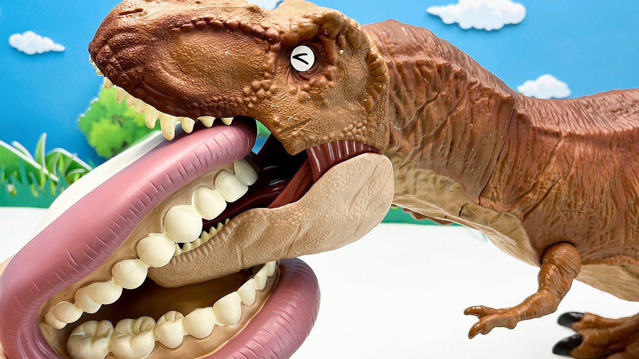 4Dinosaurs VS Big Mouth! T-Rex Stegosaurus Triceratops