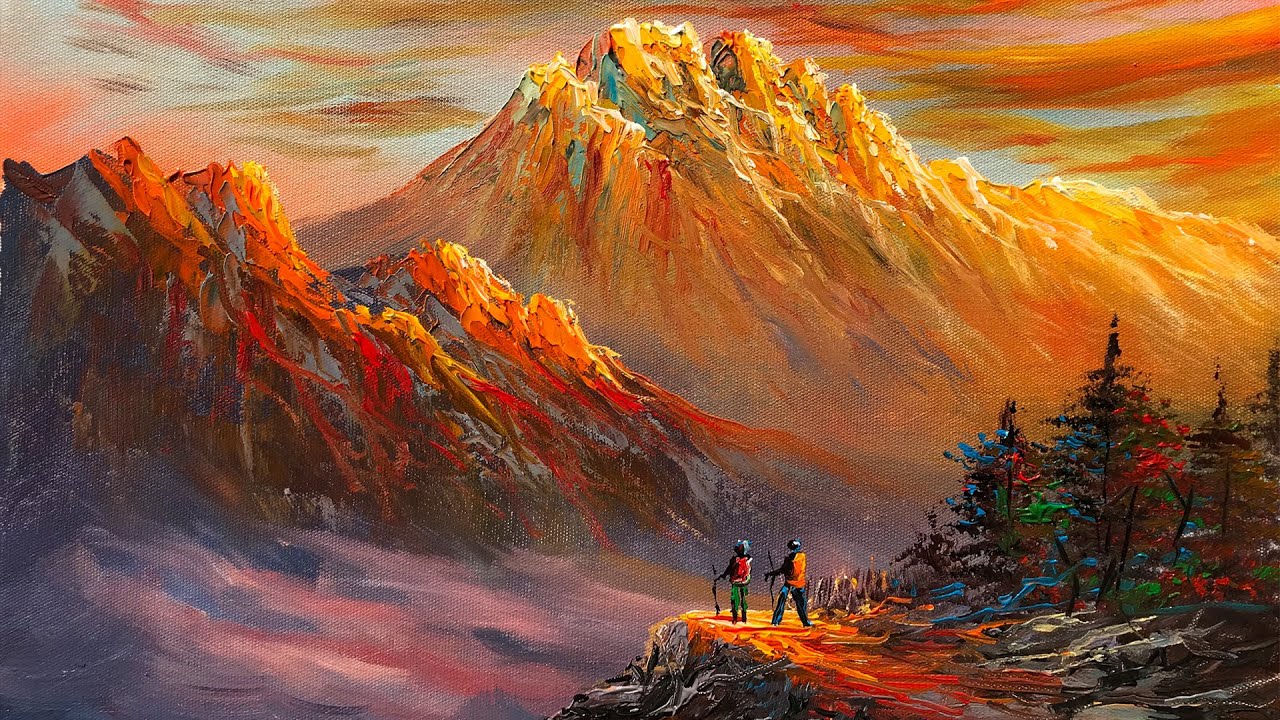 Golden Sunset Painting | Sunset Mountain acrylic landscape Painting | Nepali Painting