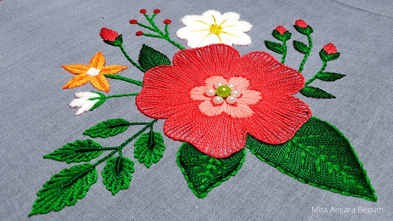 Unique Hand Embroidery Flower Design, Hand Embroidery Pink Flower, Embroidery Class With Anjiara-203