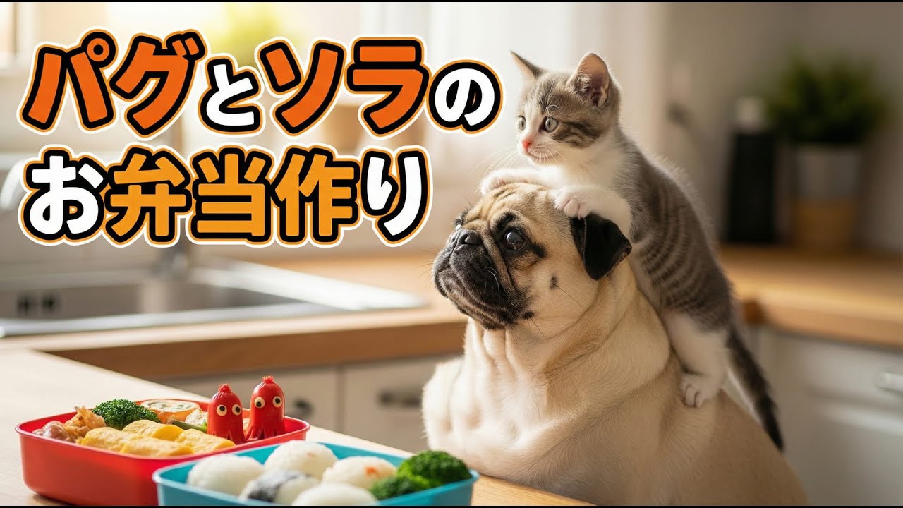 パグおじちゃんとソラがお弁当を作る朝